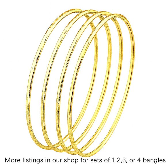 14k Gold Hammered Thin Skinny Bangle Bracelet – Solid Gold Texture, Minimalist - Picture 3 of 5